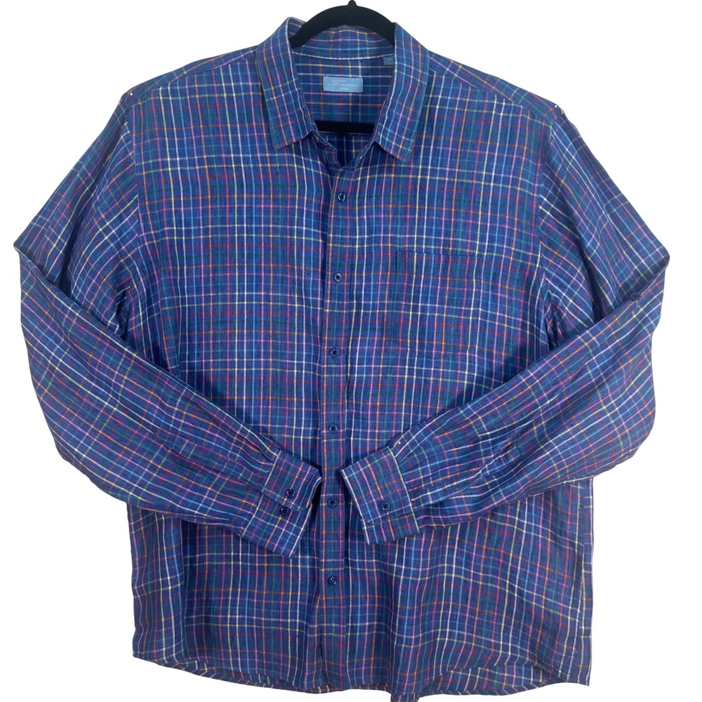 Toscano Aqua Button Up Mens XXL Blue Plaid 100% Linen Patrick Assaraf